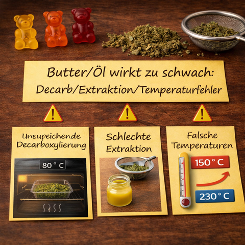 Butter/Öl wirkt zu schwach: Decarb/Extraktion/Temperaturfehler