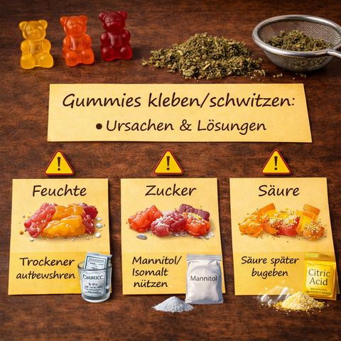 Gummies kleben/schwitzen: Ursachen & Lösungen (Feuchte, Zucker, Säure)