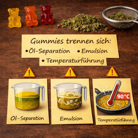 Gummies trennen sich: Öl-Separation, Emulsion, Temperaturführung