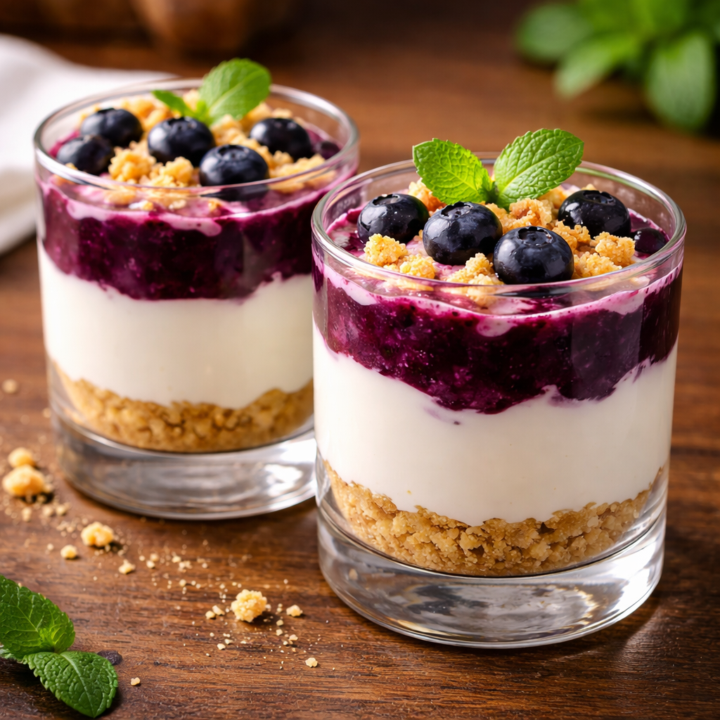 Tarta de queso con arándanos en vaso con mantequilla de cannabis