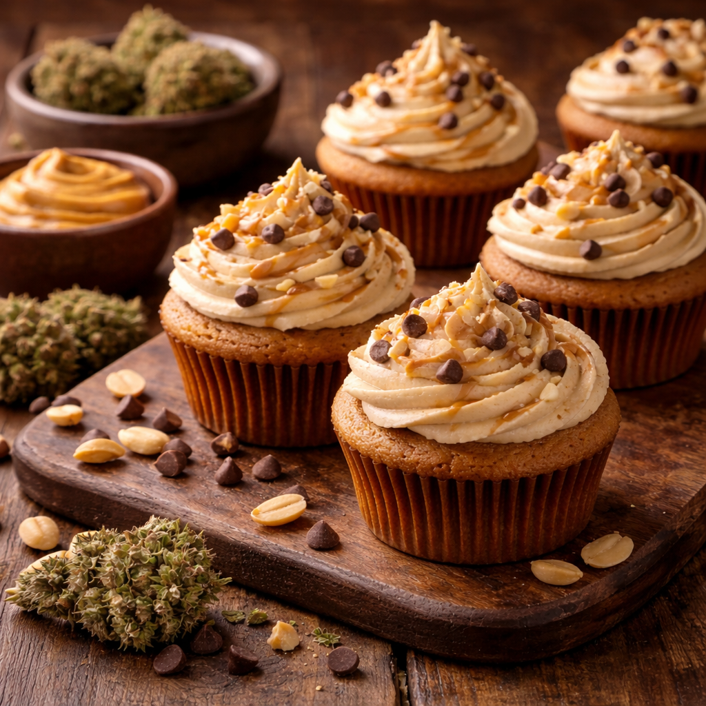 Erdnussbutter-Cupcakes mit Cannabis-Butter & Frischkäse-Frosting